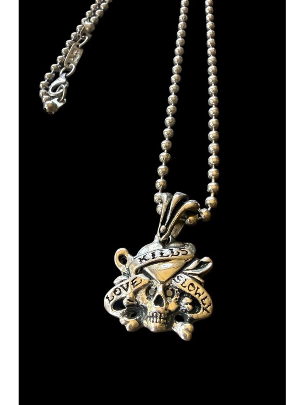 Ed Hardy 26" Stainless Steel Silver Love Kills Slowly Necklace Skeleton Rare